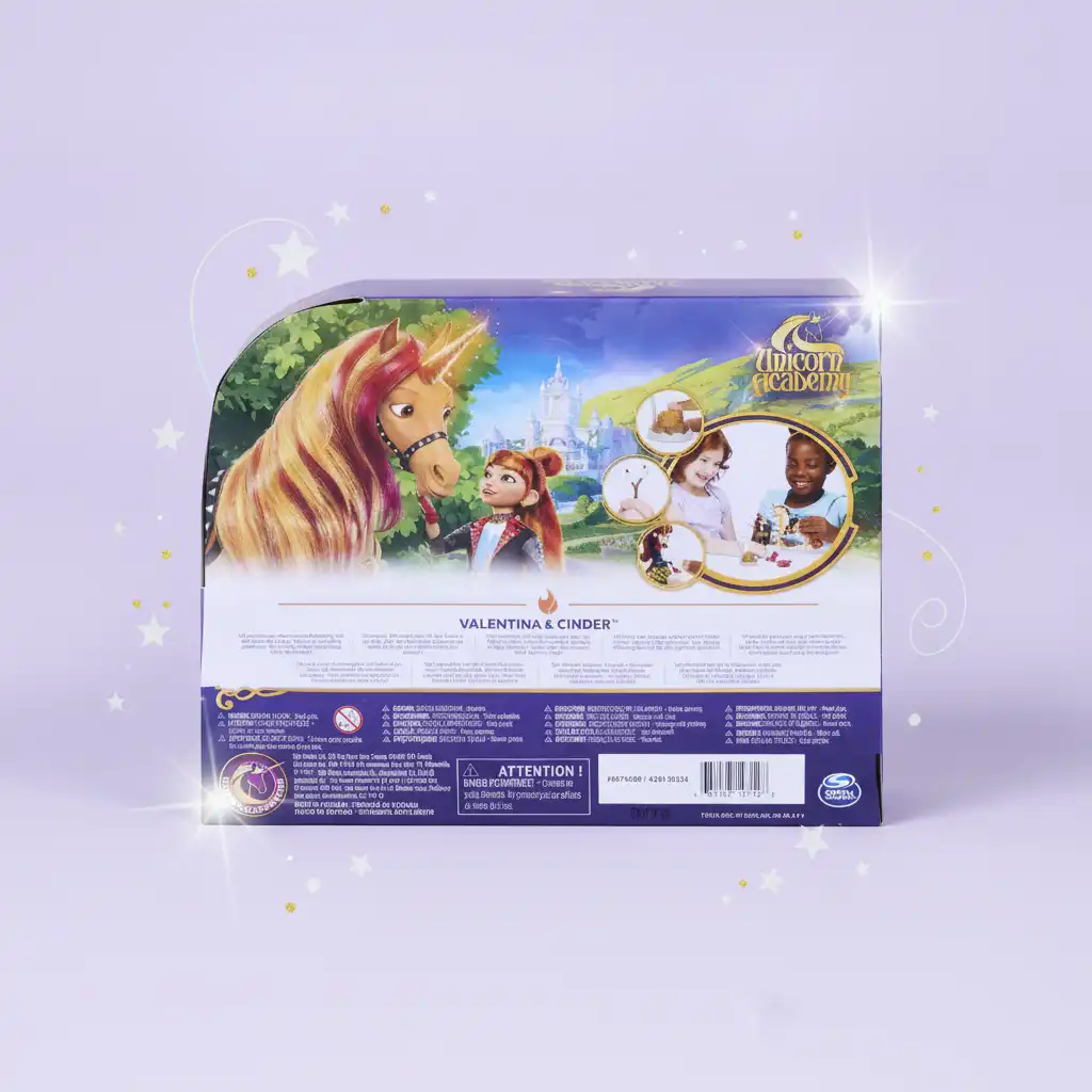 Poupée Valentina et licorne Cinder détaillées avec accessoires.